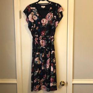 LOFT Navy Floral Flutter Sleeve Midi Dress